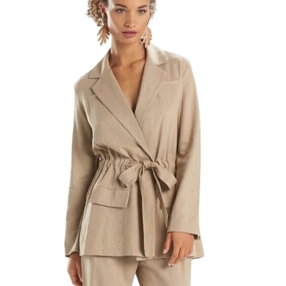 NATORI Linen Blend Belted Jacket Size Small Khaki Tan Safari Neutral - Picture 1 of 10